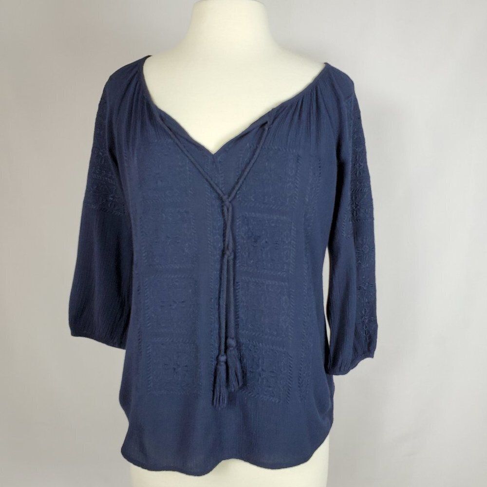 Boho Navy Blue Top With Embroidery and Tassels